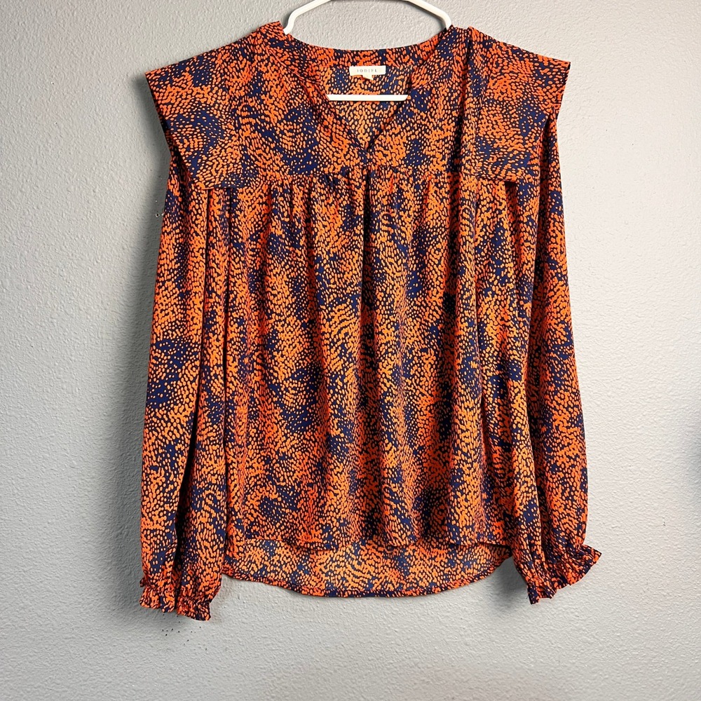 Jodifl Orange Navy Blue Abstract Peasant Dot Blouse Ruffle Sleeve Top Small